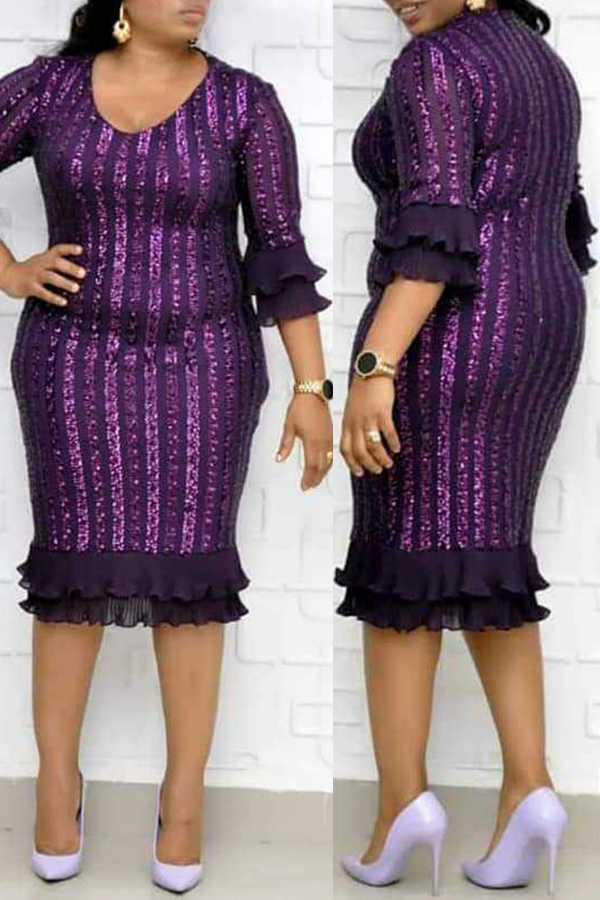 

Lovely Trendy Print Flounce Purple Knee Length Plus Size Dress