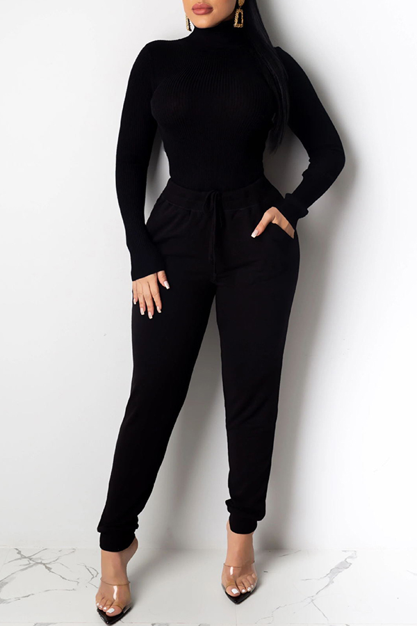 

Lovely Casual Turtleneck Black Two-piece Pants Set