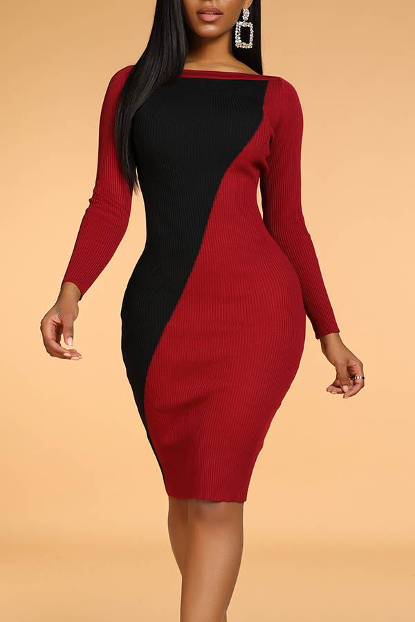 

Lovely Patchwork Wine Red Knee Length Dress