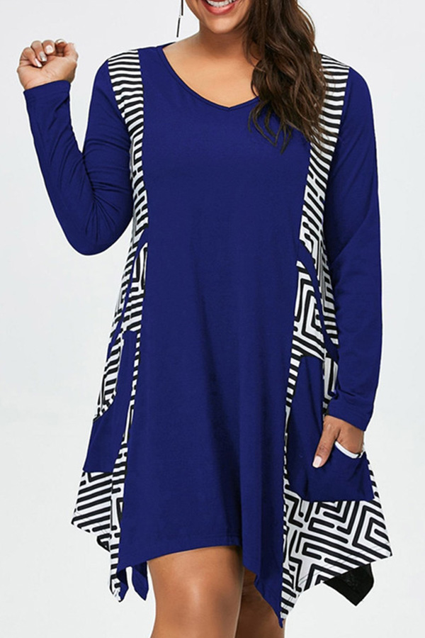 

Lovely Casual Print Loose Blue Plus Size Mini Dress
