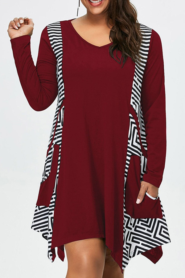 

Lovely Casual Print Loose Wine Red Plus Size Mini Dress