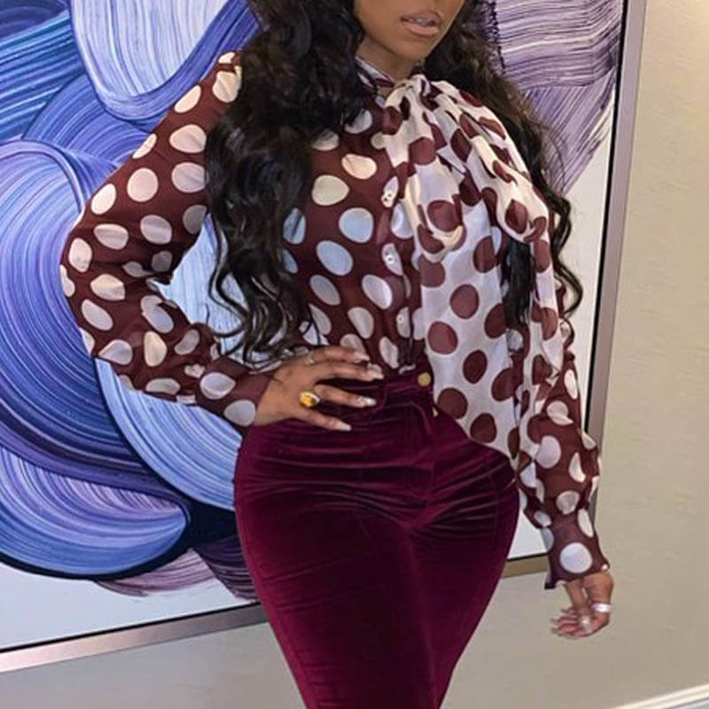 

Lovely Sweet Dot Print Coffee Blouse