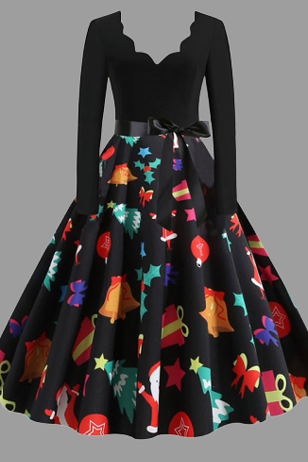 

Lovely Trendy V Neck Print Black Knee Length Plus Size Dress