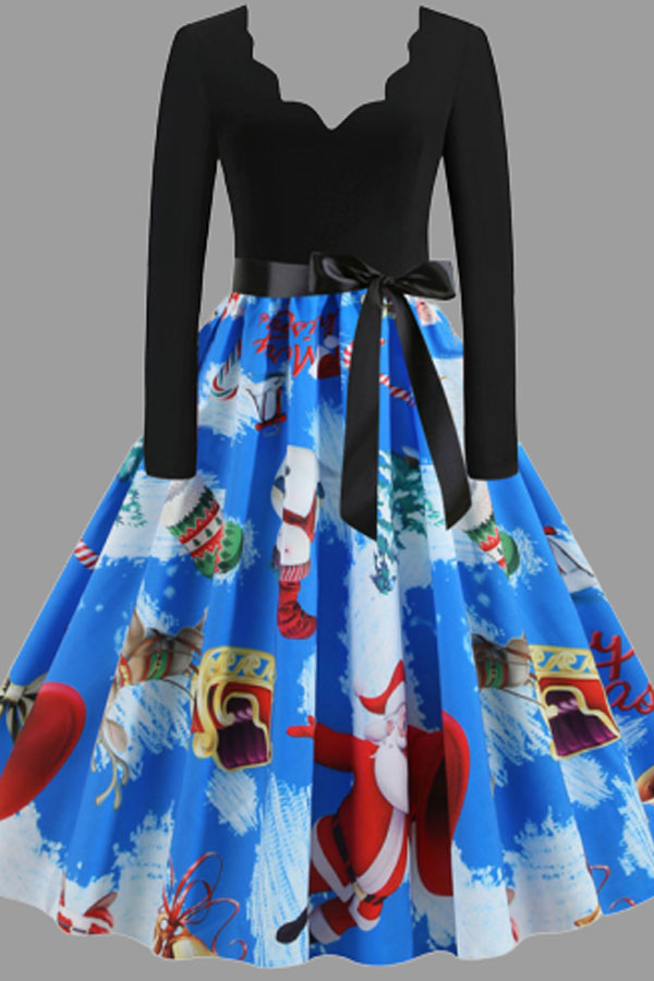 

Lovely Trendy V Neck Print Blue Knee Length Plus Size Dress