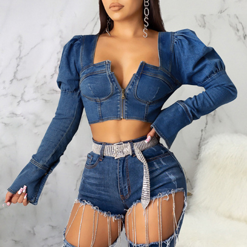 Lovely Casual Square Collar Zipper Design Blue Blouse