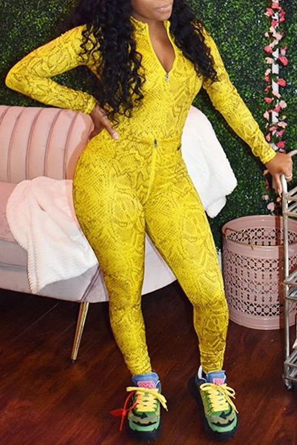 

Lovely Leisure Zipper Skinny Yellow One-piece Jumpsuit