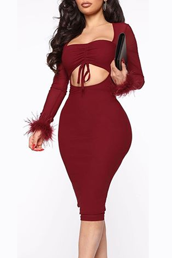 

Lovely Chic Square Collar Hollow-out Red Knee Length Dress