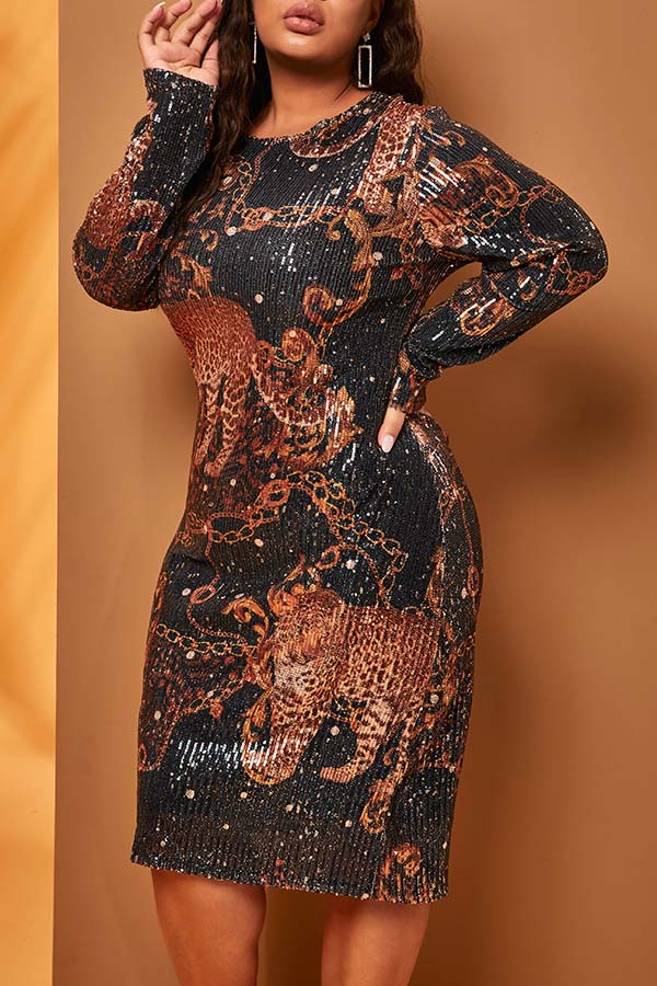 

Lovely Casual O Neck Sequin Black Knee Length Plus Size Dress