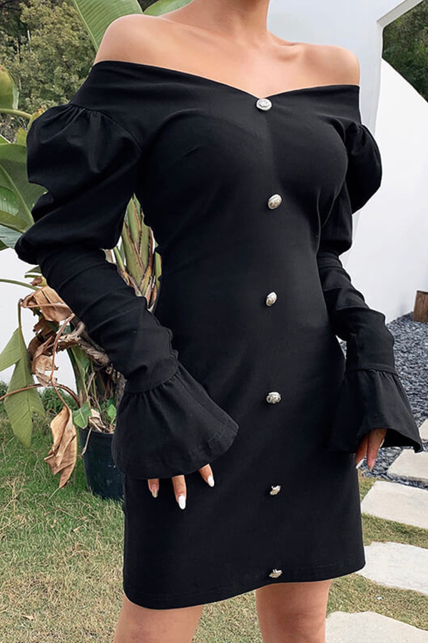 

Lovely Sweet V Neck Buttons Decorative Black Mini Dress