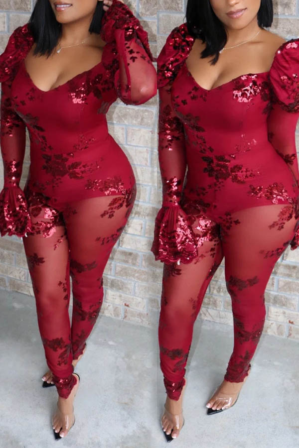 

Lovely Sexy See-through Wine Red One-piece Jumpsuit