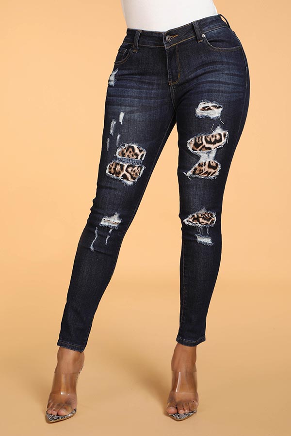 

Lovely Casual Patchwork Deep Blue Jeans