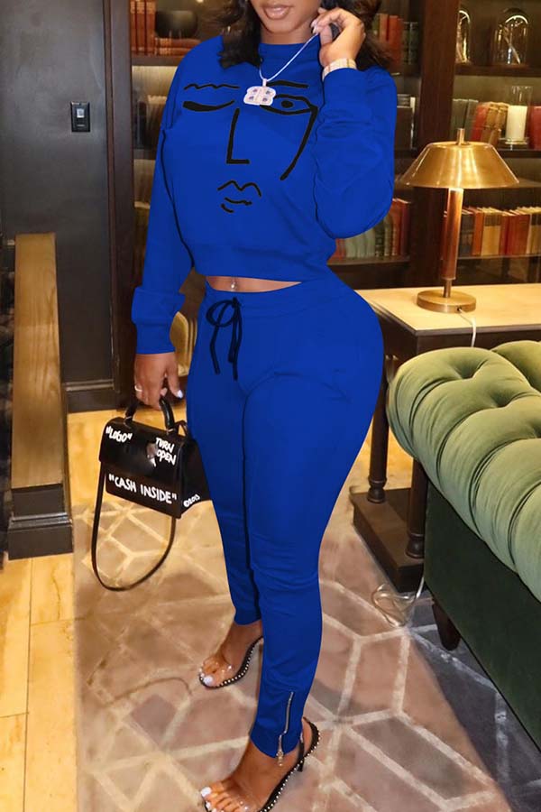

Lovely Casual Print Blue Two-piece Pants Set
