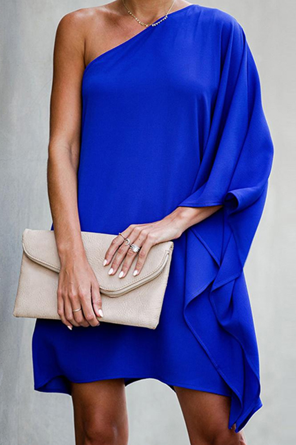 

Lovely Leisure One Shoulder Asymmetrical Blue Mini Dress