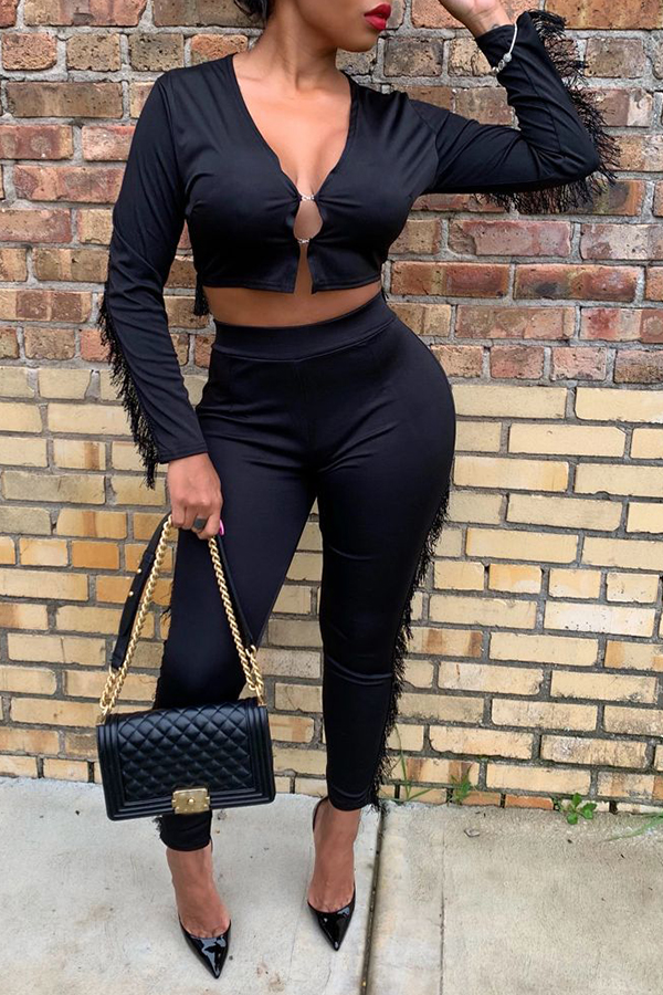 

Lovely Casual Tassel Design Black Two-piece Pants Set