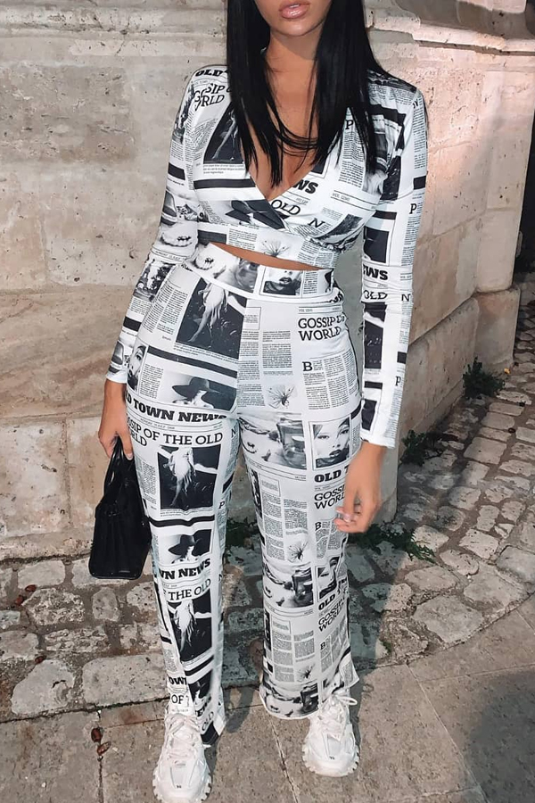 

Lovely Casual Mixed printing Two piece Pants Set, White