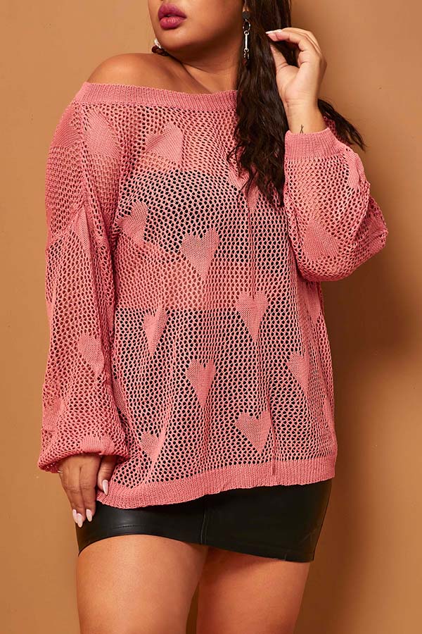 

Lovely Casual O Neck Hollow-out Pink Plus Size Sweater