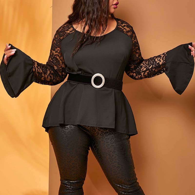 

Lovely Trendy Patchwork Black Plus Size Blouse(Without Belt