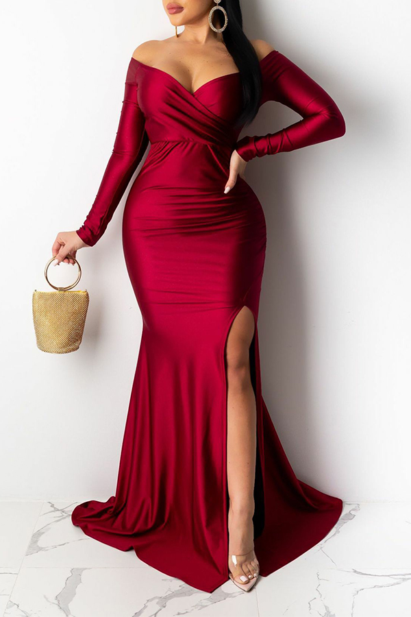 

LW Party V Neck Side Slit Red Trailing Prom Dress