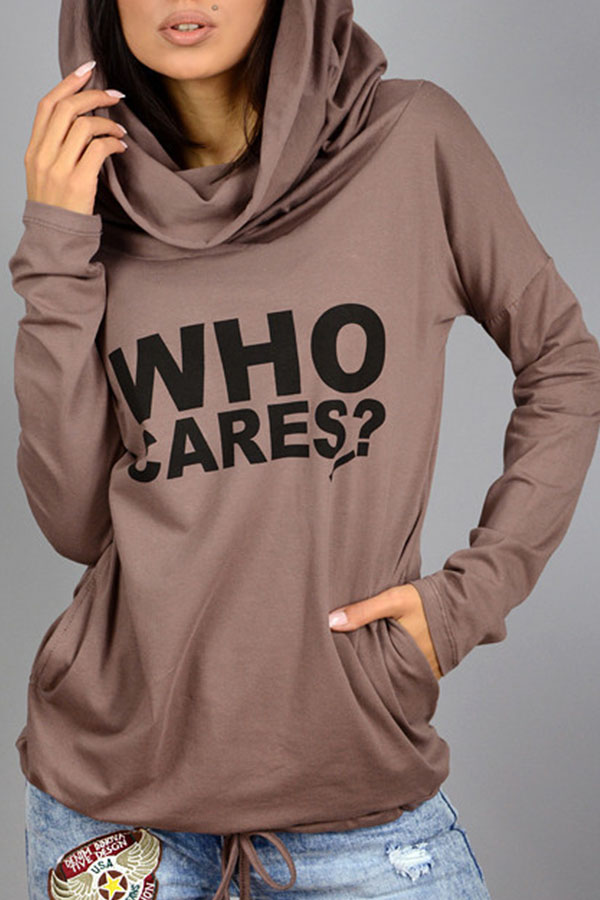 Lovely Casual Hooded Collar Letter Print Khaki Hoodie