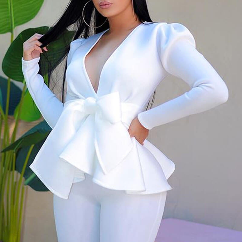 

Lovely Work V Neck Flounce White Blouse