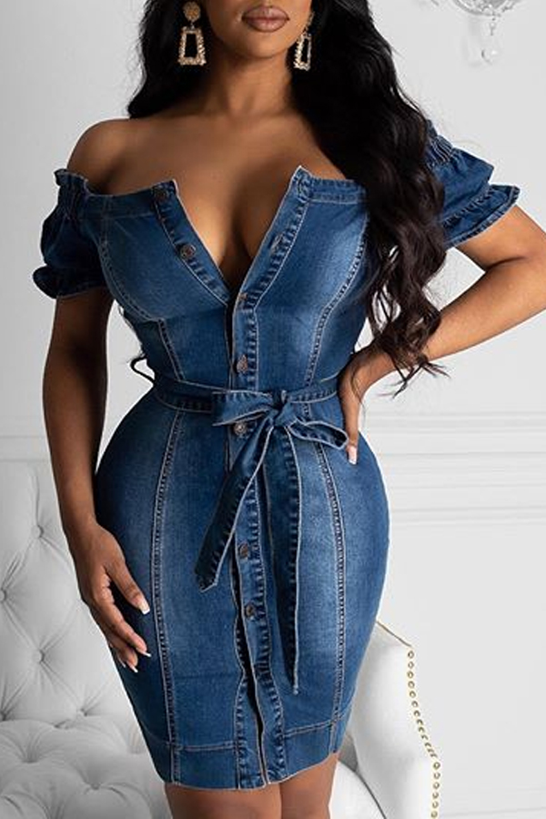 

Lovely Chic Dew Shoulder Blue Mini Dress
