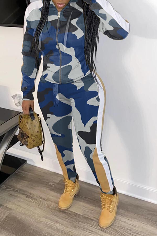 

Lovely Casual Hooded Collar Camo Blue Two-piece Pants Set, Blue camouflage