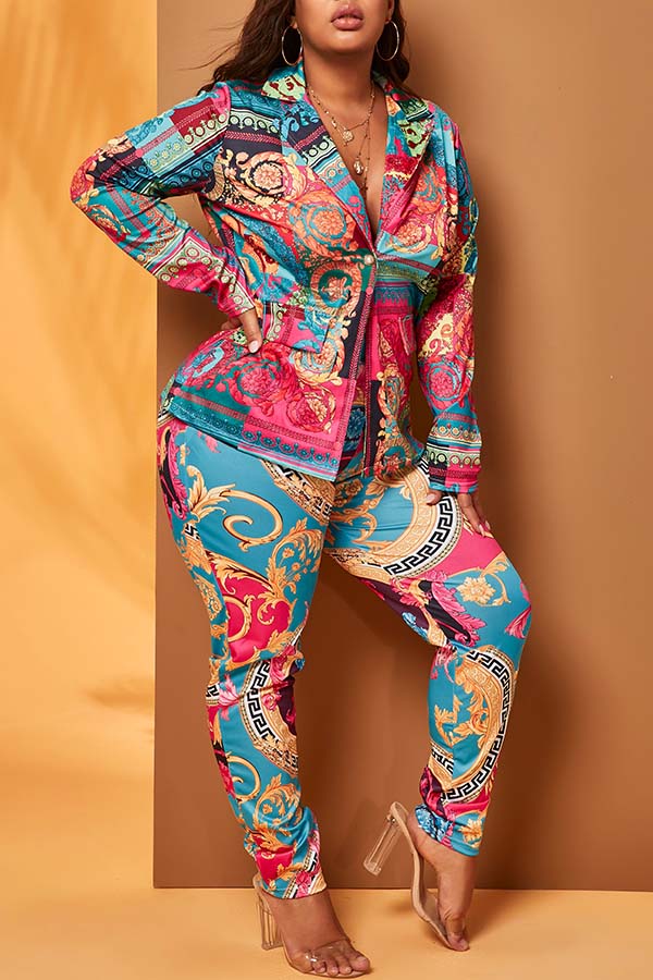 

Lovely Casual Print Green Plus Size Two-piece Pants Set
