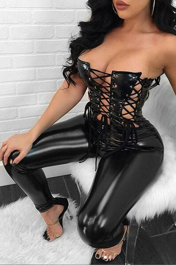 

Lovely Sexy Bandage Design Black One-piece Jumpsuit
