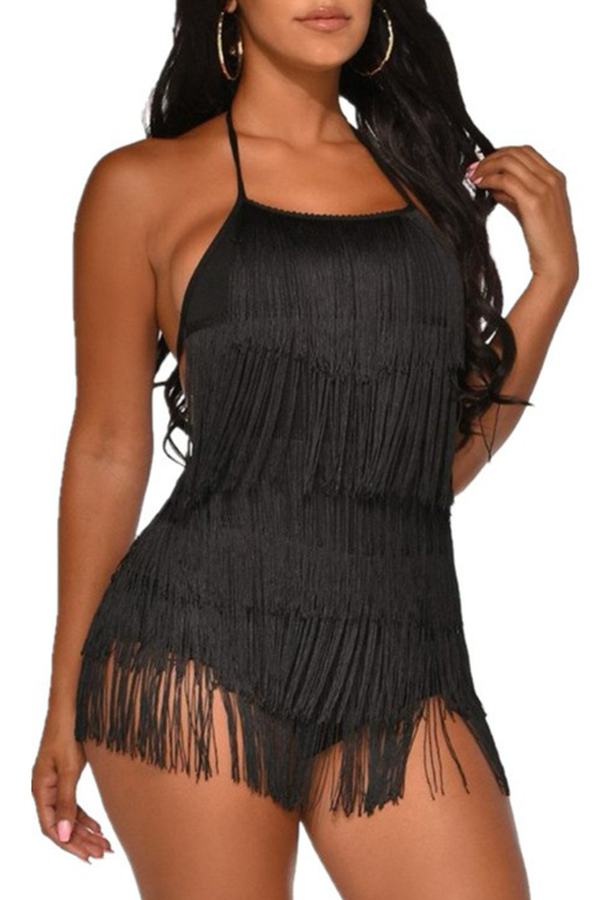 

Lovely Sexy Tassel Design Black One-piece Romper