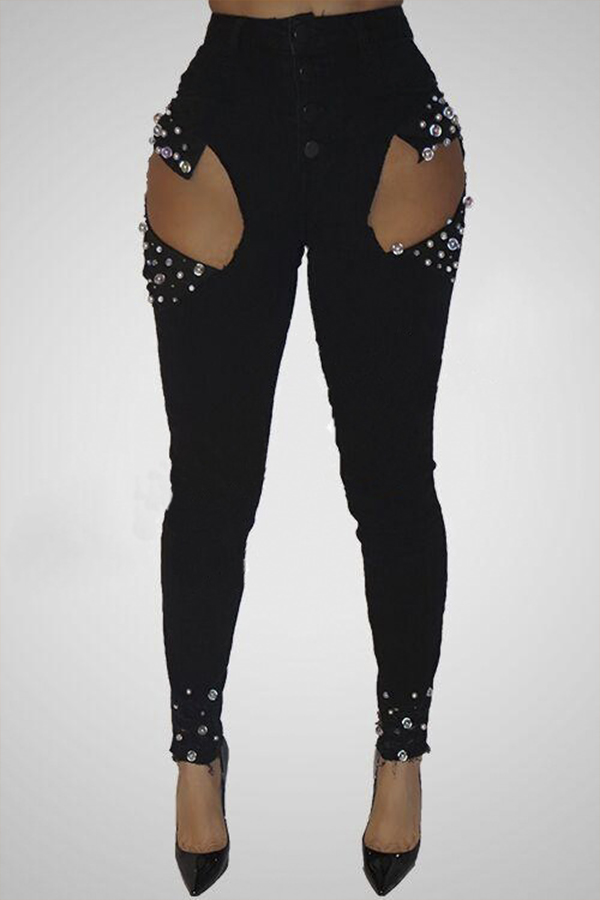 

Lovely Casual Hollow-out Black Jeans
