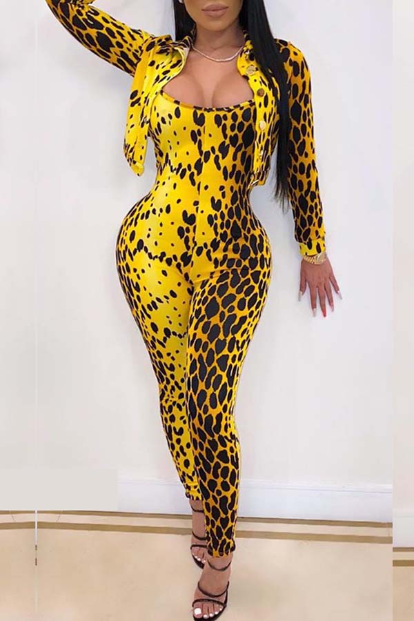 

Lovely Sexy Turndown Collar Print Yellow Two-piece Pants Set