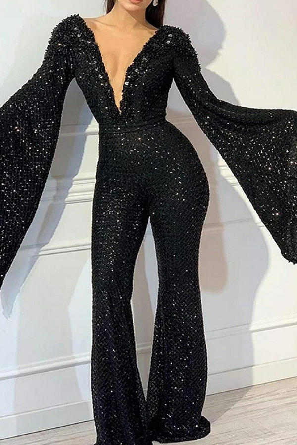 

Lovely Sexy Deep V Neck Black One-piece Jumpsuit