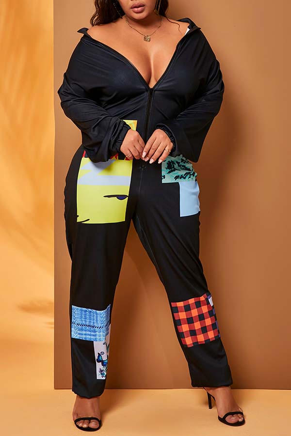 

Lovely Casual Patchwork Black Plus Size One-piece Jumpsuit