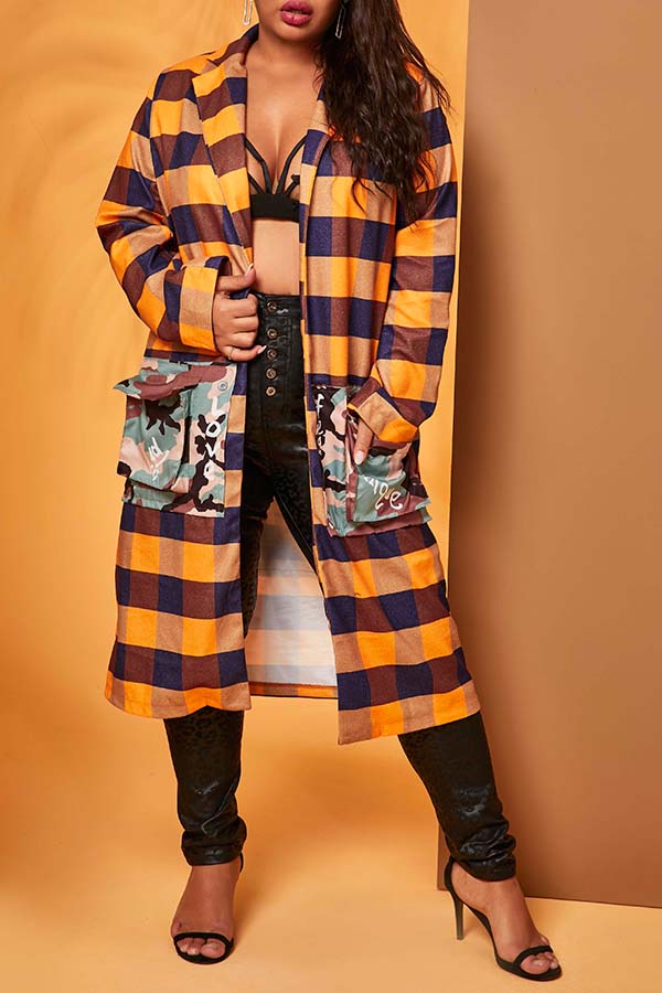 

Lovely Casual Plaid Print Orange Plus Size Coat