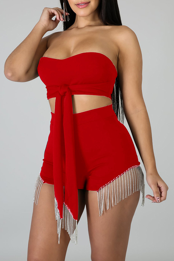 Lovely Sexy Tassel Design Red Two-piece Shorts Set