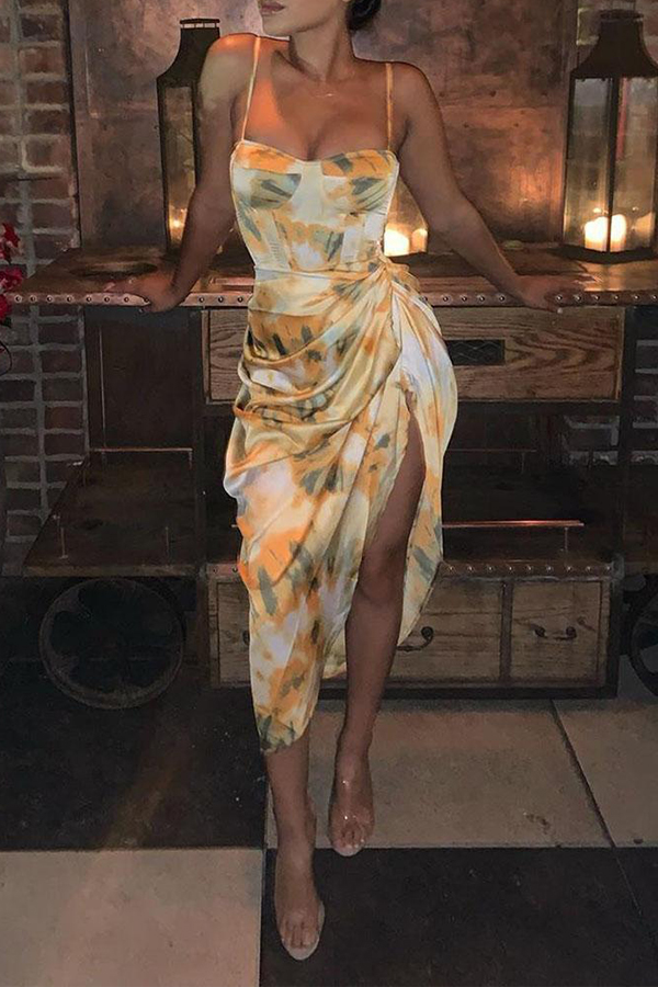 

Lovely Chic Print Light Yellow Mid Calf Dress
