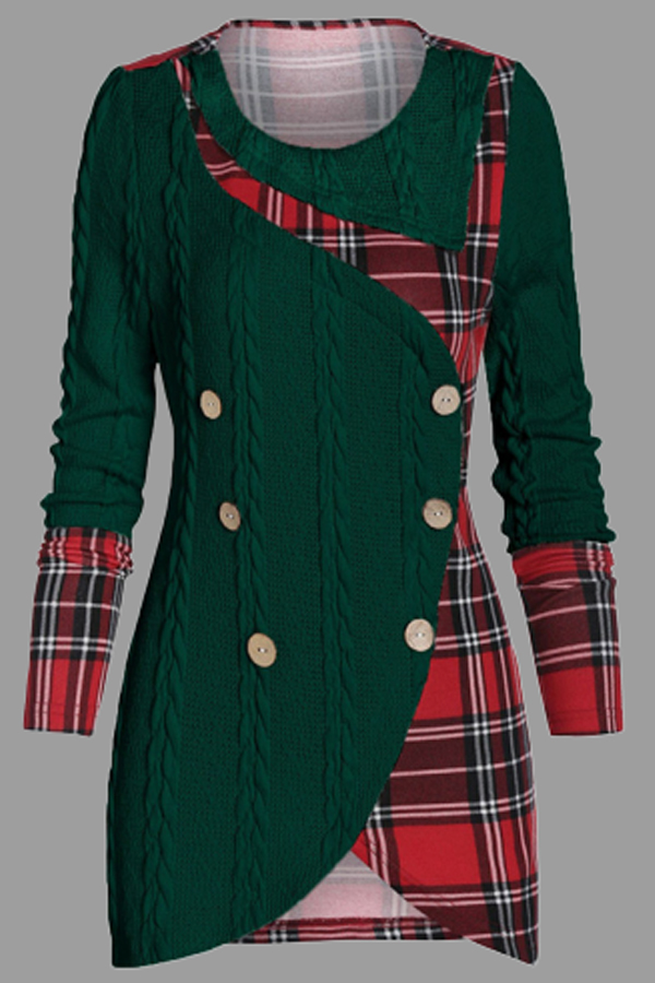 

Lovely Casual Patchwork Plaid Green Plus Size Sweater