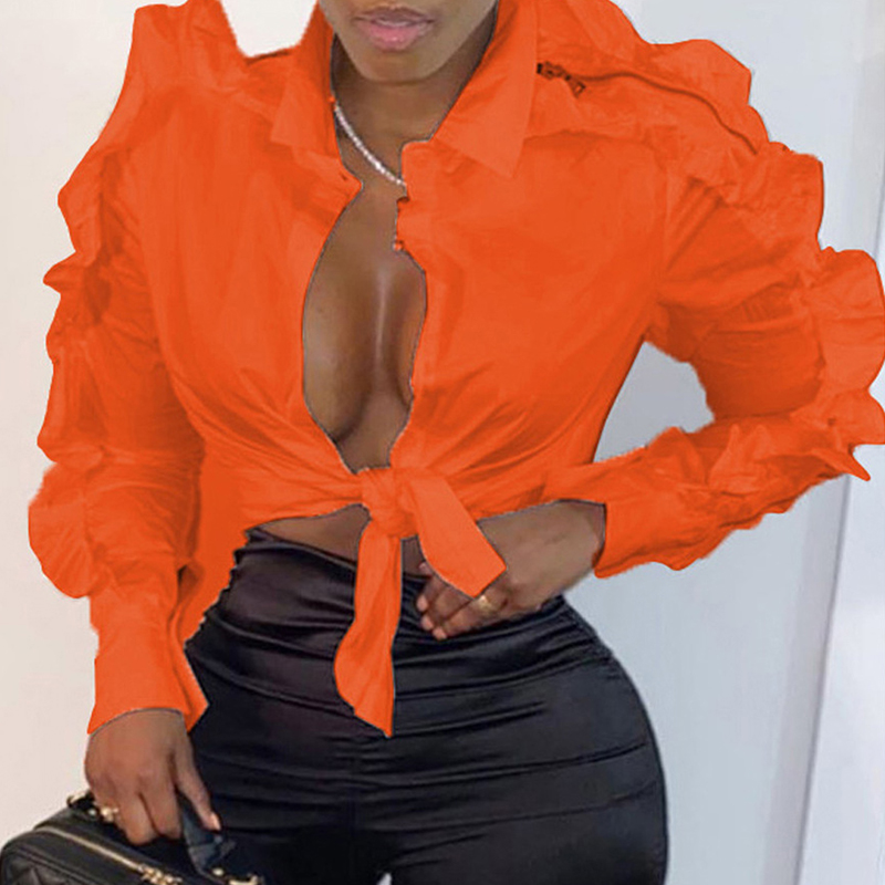 

Lovely Stylish Flounce Patchwork Orange Blouse