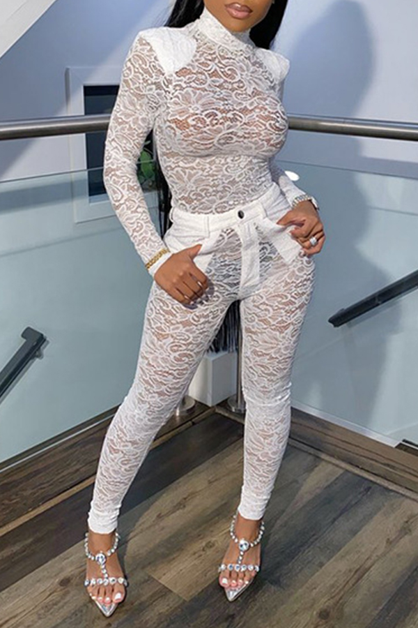 

Lovely Sexy Turtleneck See-through White Two-piece Pants Set