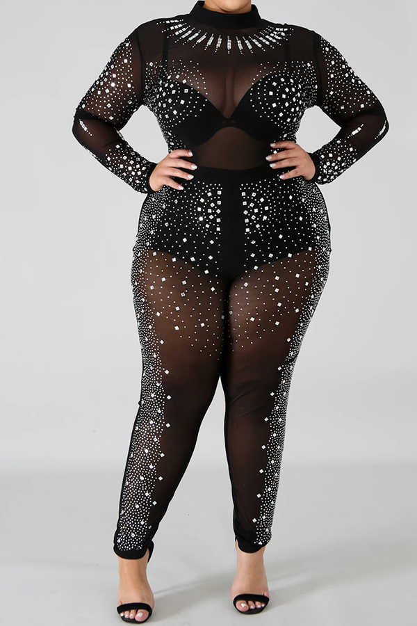 Lovely Casual See Through Black Plus Size One Piece