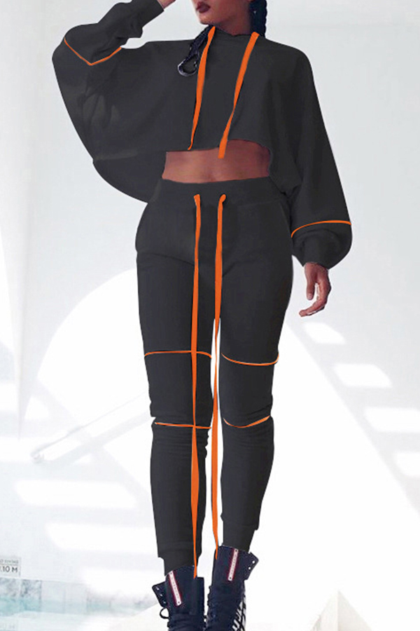 

Lovely Sportswear Hooded Collar Black Two-piece Pants Set