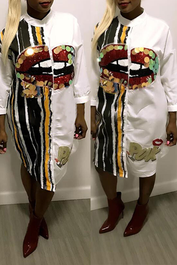 

Lovely Casual Print Patchwork White Knee Length Dress