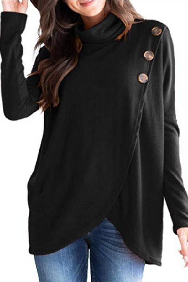 

Lovely Casual Turtleneck Button Black Blouse