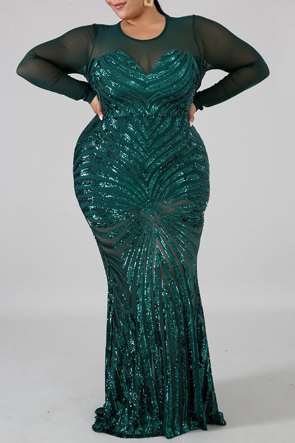 

Lovely Casual See-through Green Plus Size Maxi Dress