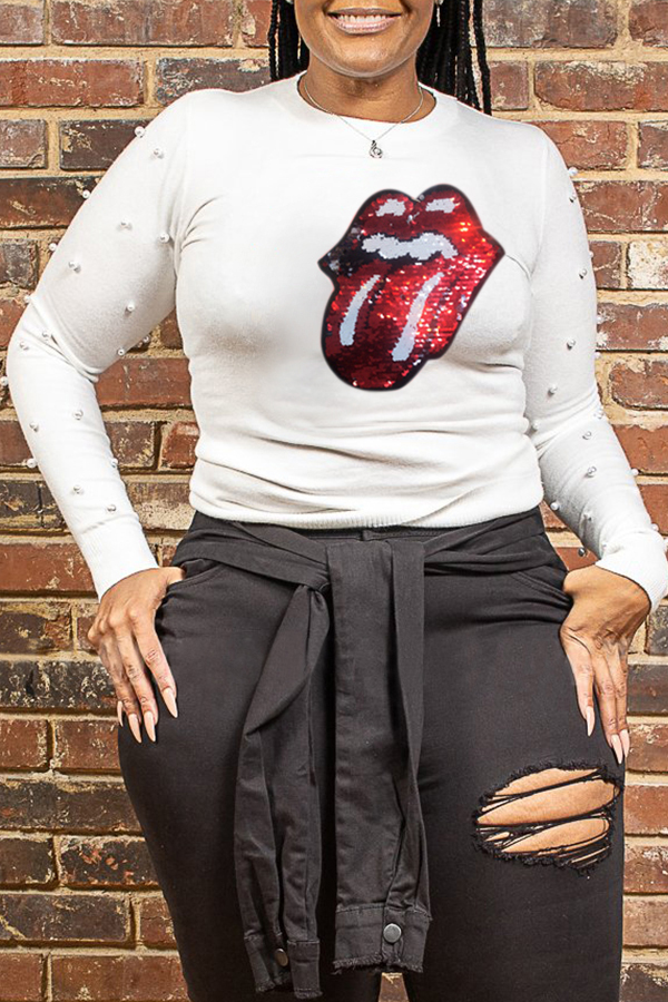 

Lovely Casual Lip Print White Plus Size T-shirt