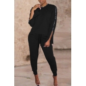 Lovely Casual O Neck Basic Black Two-piece Pants S