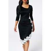 Lovely Sweet Patchwork Black Knee Length Dress