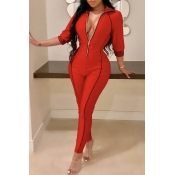 Lovely Casual Zipper Design Red One-piece Jumpsuit