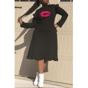 Lovely Sweet Lip Print Black Knee Length Dress