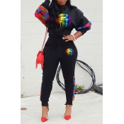 Lovely Casual Lip Print Black Two-piece Pants Set